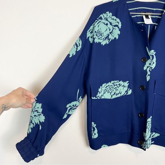 J. Crew Reversible Floral Striped Bomber Jacket Blue Green Size‎ 6 - Picture 7 of 10